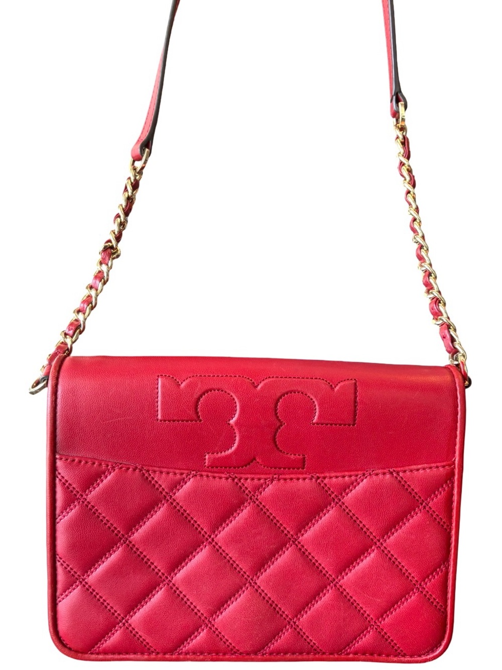 Authentic Tory Burch Red Savannah Quilted Leather Convertible Shoulder Bag Chain